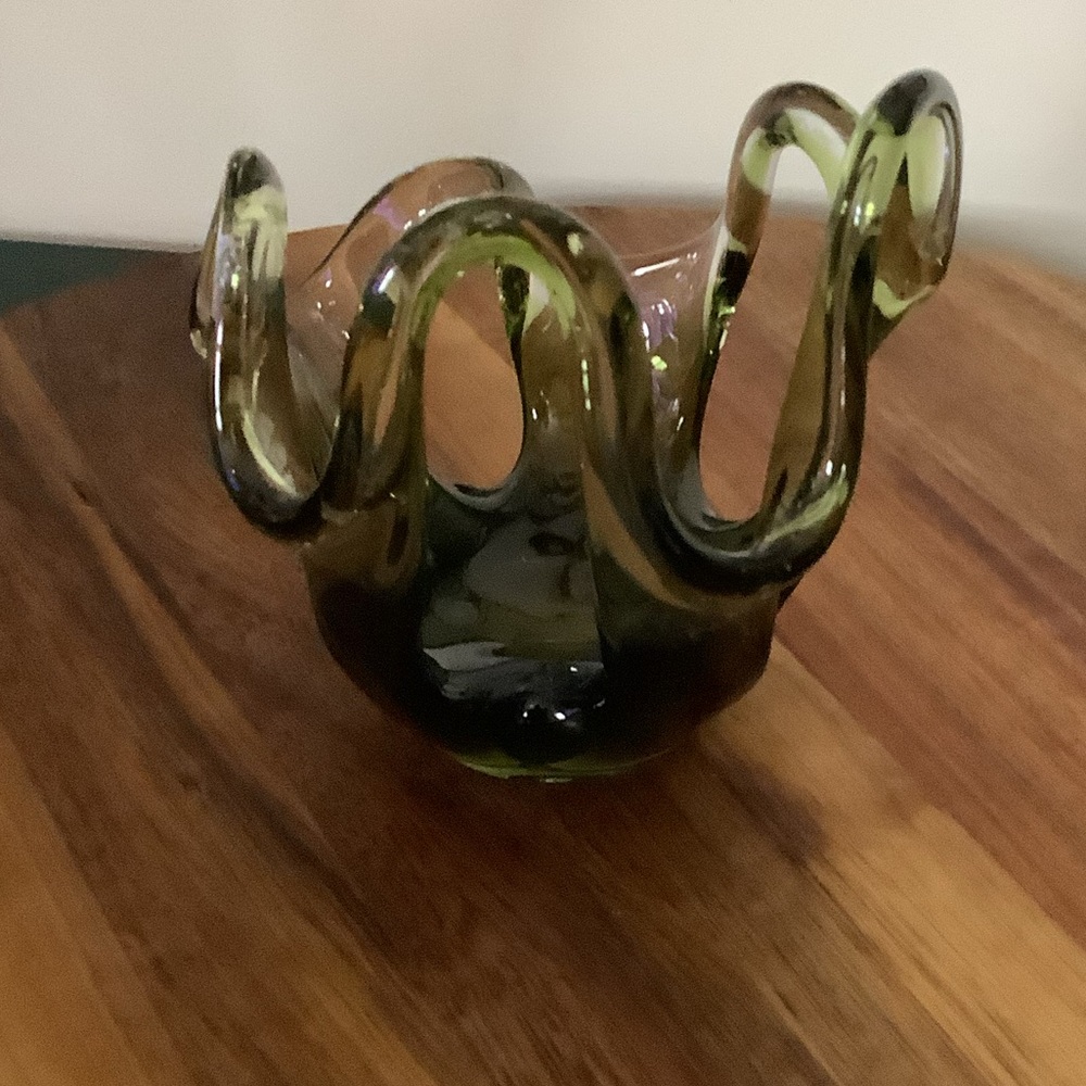 Vintage Murano Style Art Glass Bowl Votive | Olive Green Smoky Glass - Picture 4 of 9